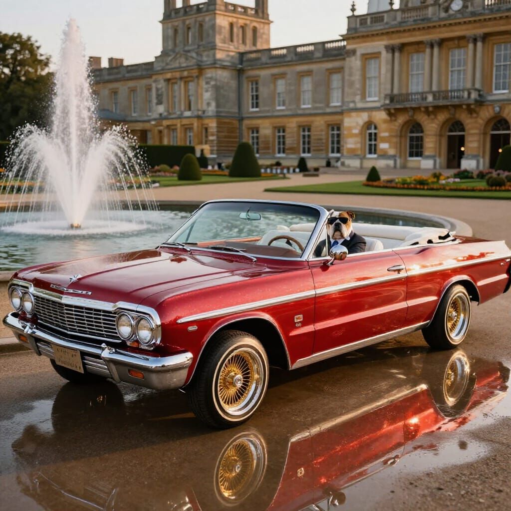 Bulldog in Suit Drives Lowrider at UK Palace