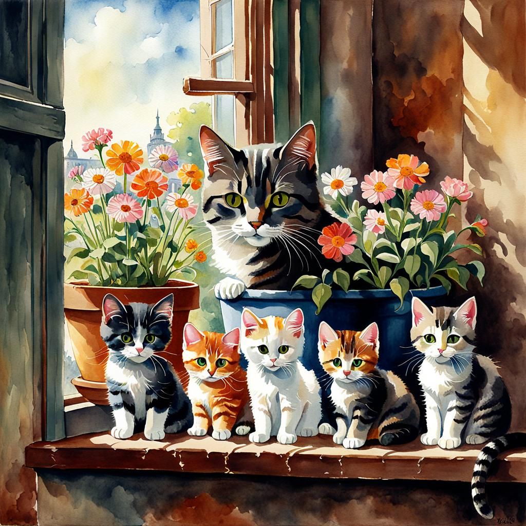 Cat and Kittens: Renaissance Impasto Watercolor