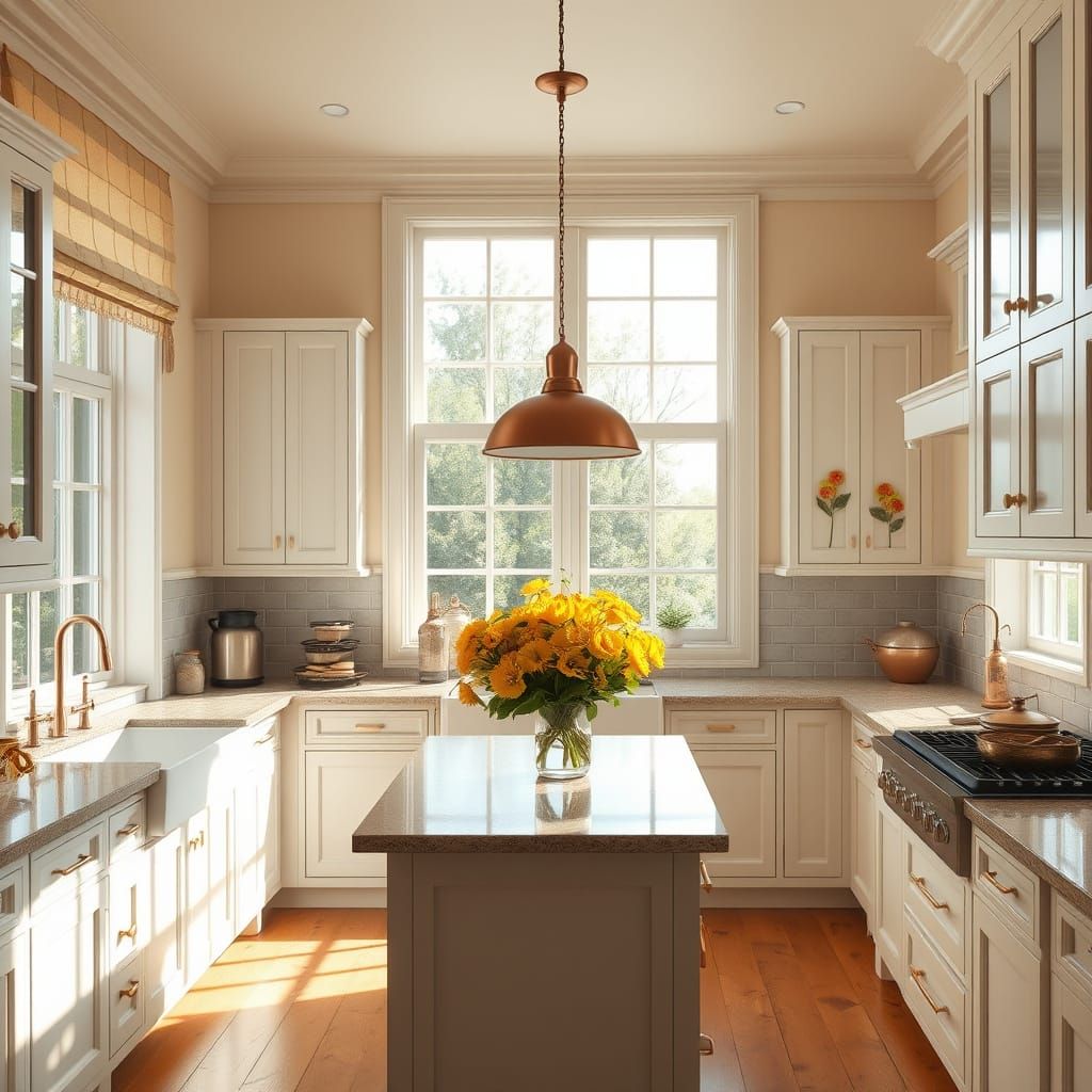 Cozy Colonial Kitchen with Warm Tones and Elegant Decor