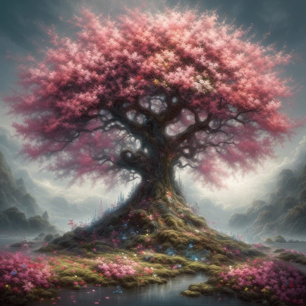 Vibrant Trees Centered on Canvas with Flowers