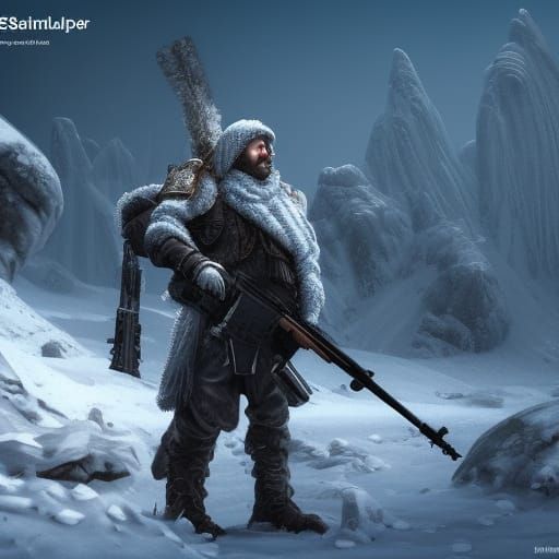 Winter Sniper in Snow Camouflage, Detailed Matte Painting