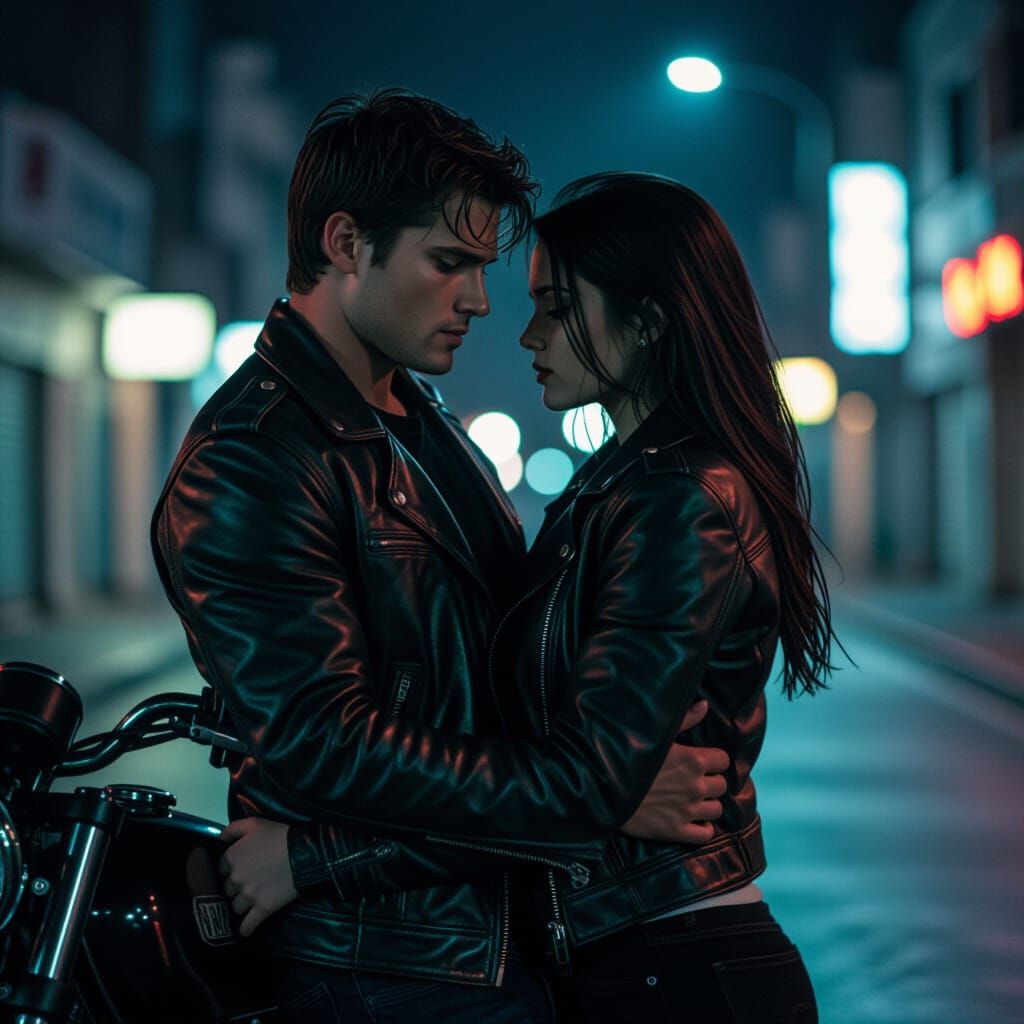 Night Scene: Man Pins Girl Against Motorbike