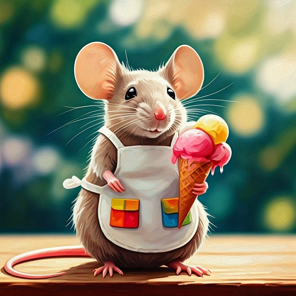 Whimsical Mouse in Golden Light, Ice Cream in Hand