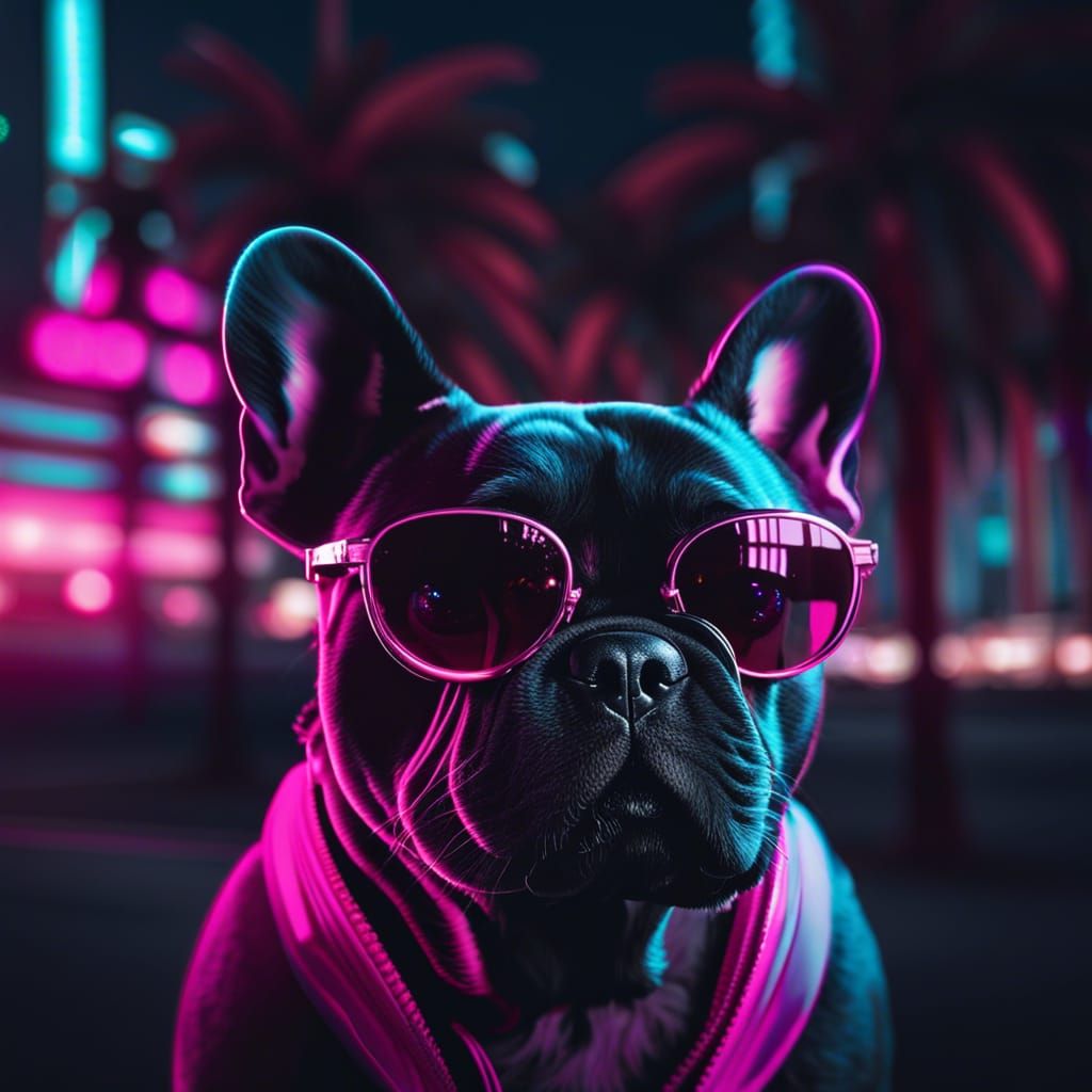 French Bulldog in Sunglasses, Neon Cityscape