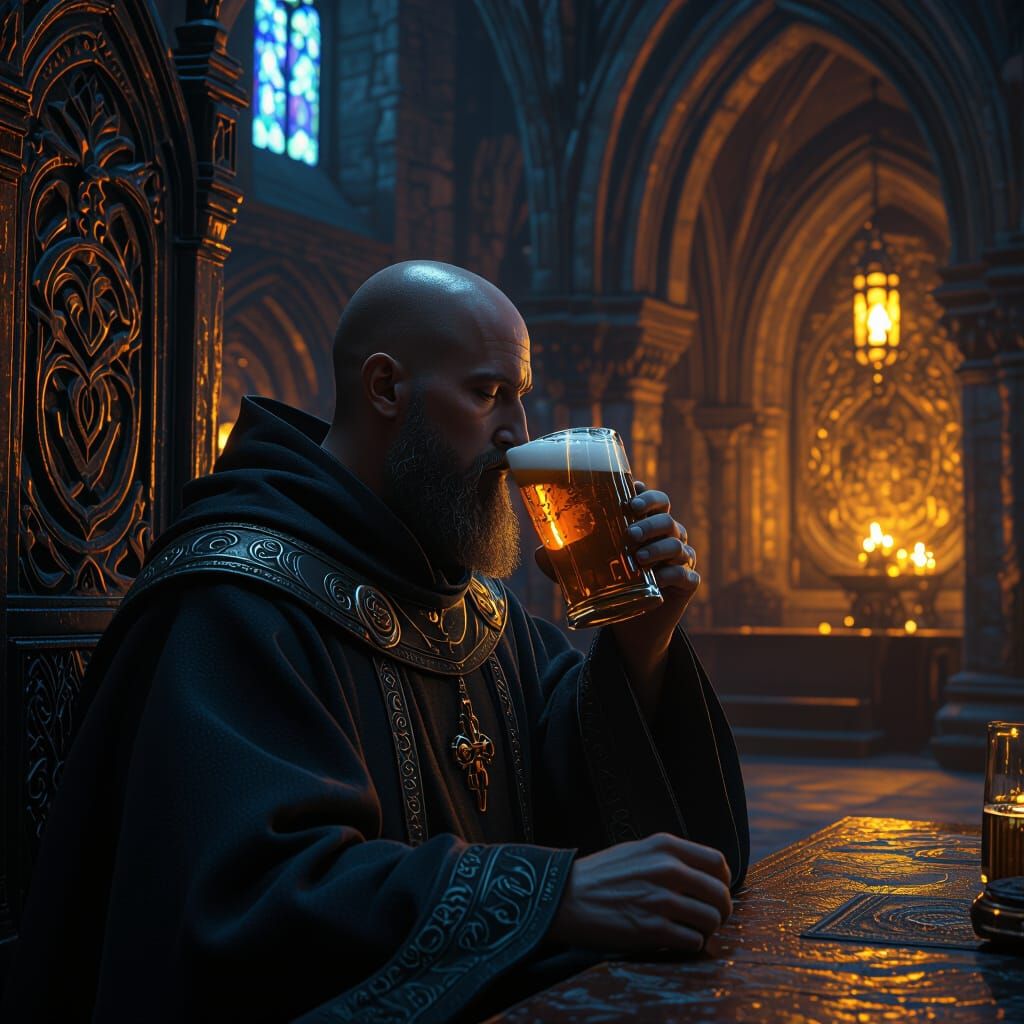 Monk Drinking Beer in Mystical Abbey, Fantasy Matte Painting