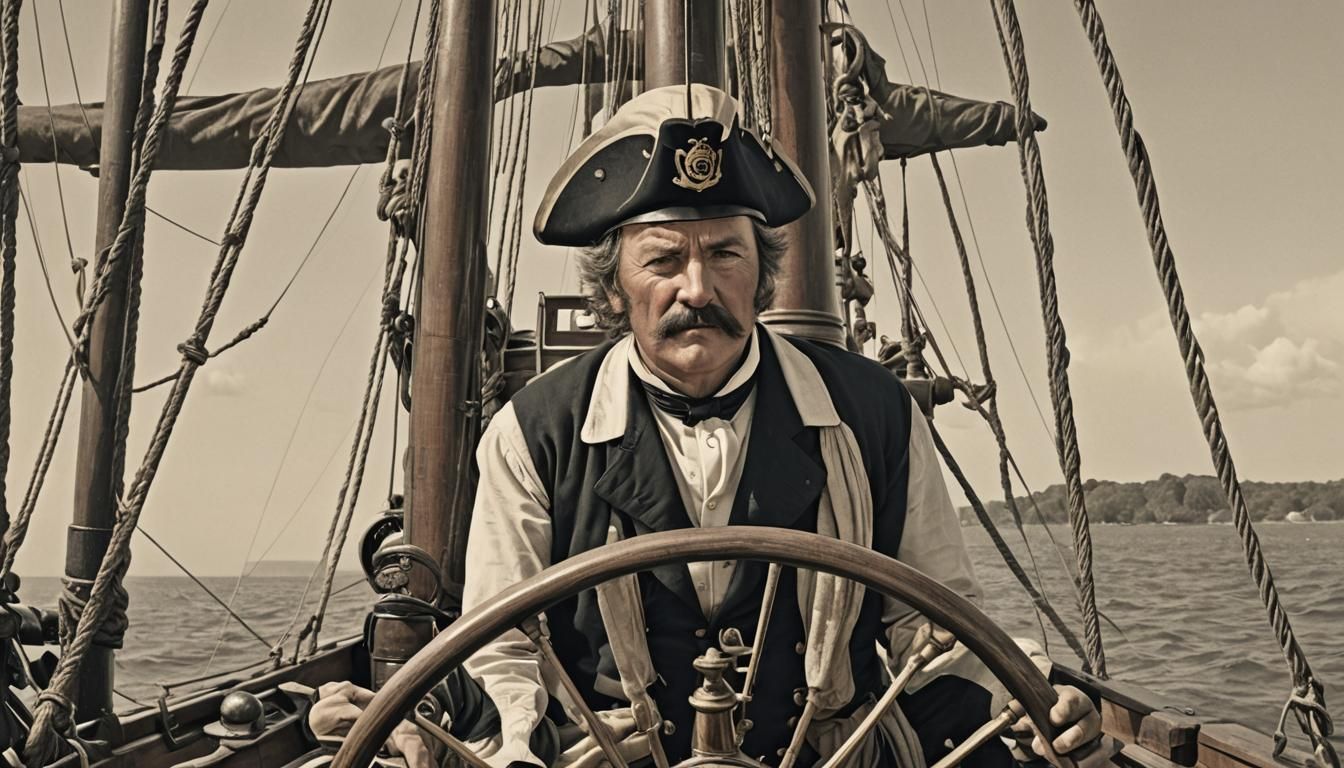 Captain at Helm of 1800s Sailboat