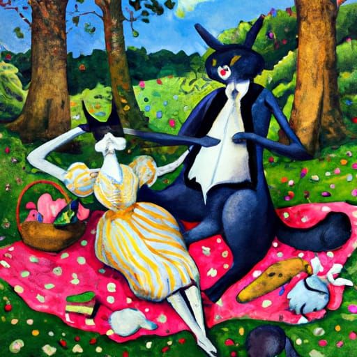 Whimsical Cat and Bunny Picnic in Watercolor