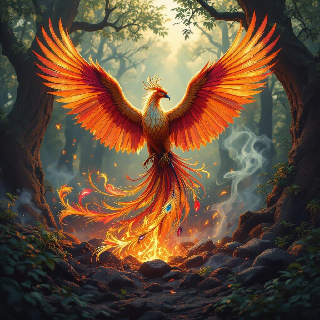 Phoenix Rising in Magical Forest, Hyperrealistic Art