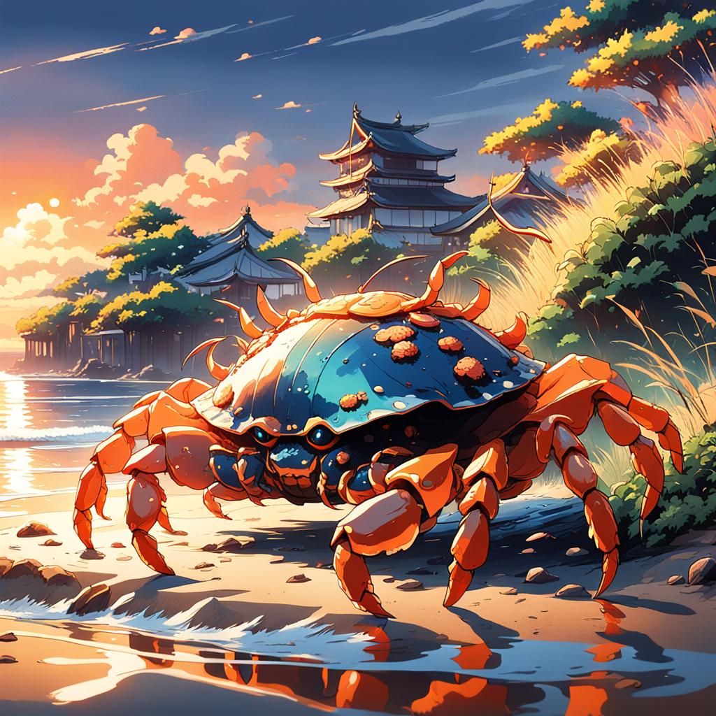 Samurai Crab at Seaside Village in Anime Style