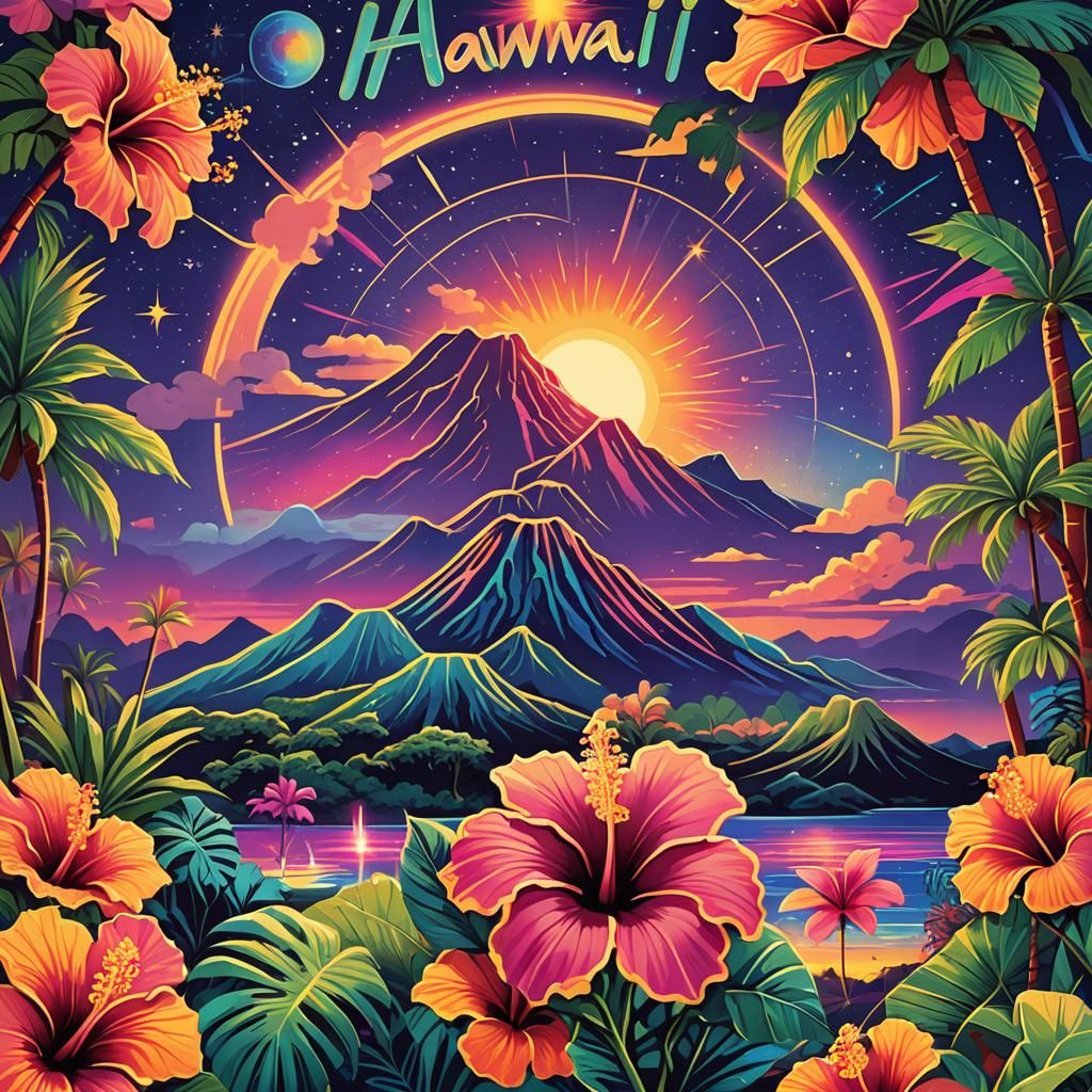 Hawaii Travel Poster in Retro-Futuristic Style