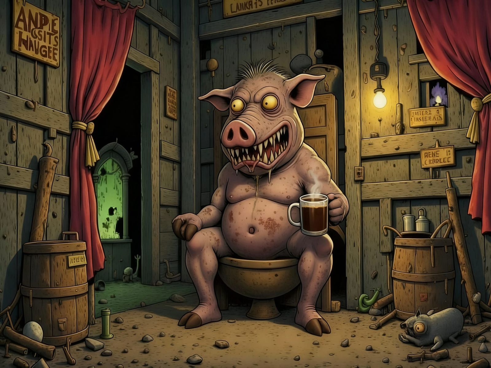 Mucksnuffler Enjoys Coffee in Out House