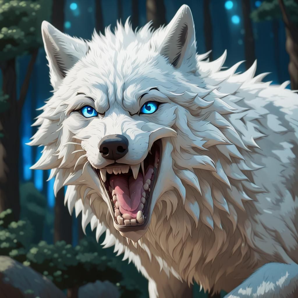 White Wolf with Piercing Eyes, Hyperrealistic Anime Art