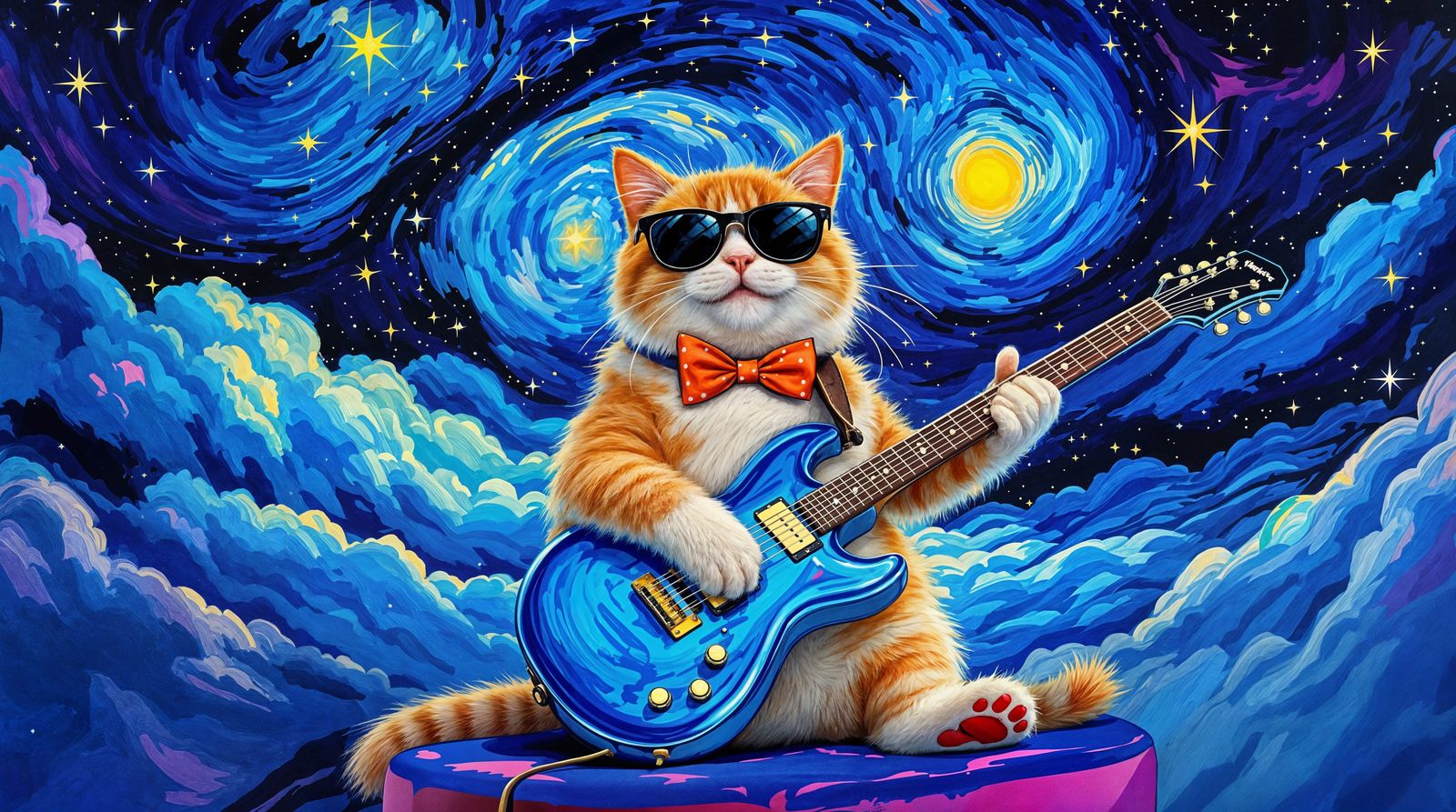 Adorable Chubby Cat Plays Guitar on Stage