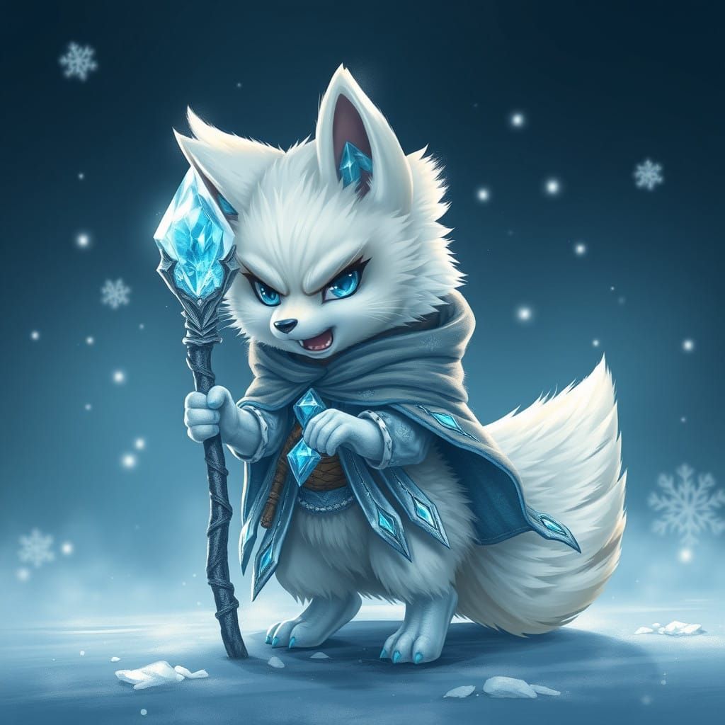 Fierce Chibi Arctic Fox Wields Ice Staff in Winter Wonderlan...