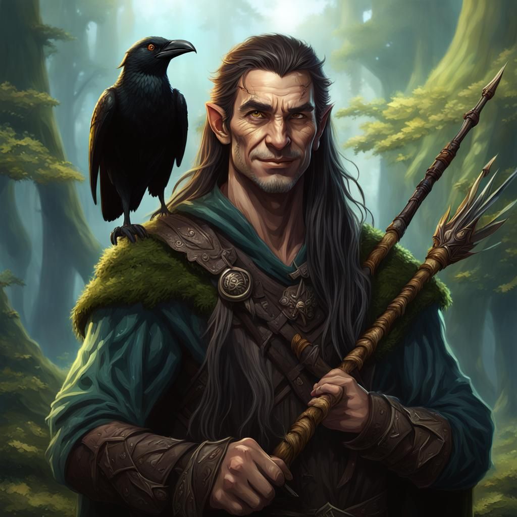 Half-Elf Druid with Crow, Detailed Matte Painting