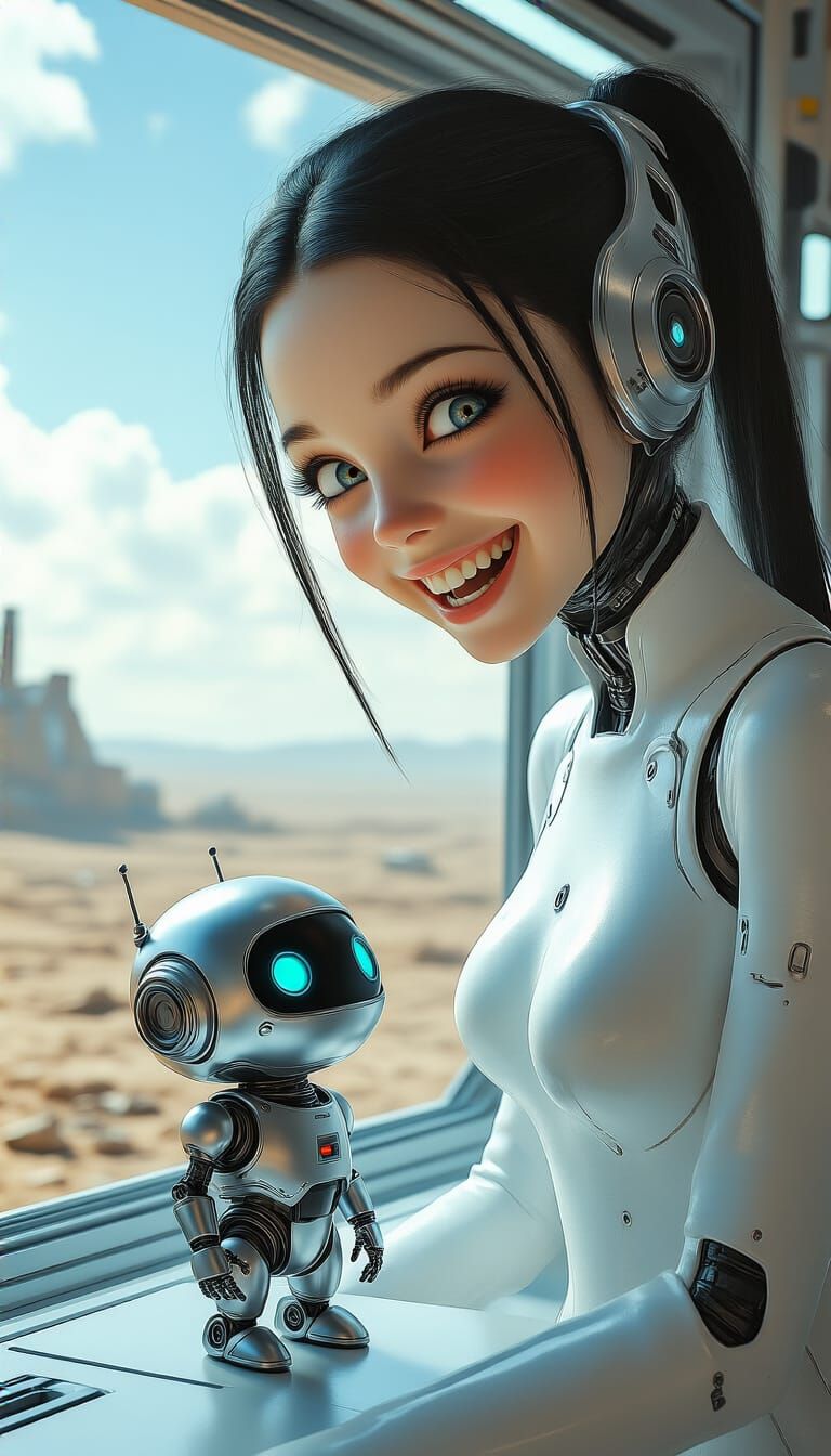 Sci-Fi Girl and Robot Companion in Cyberpunk Style