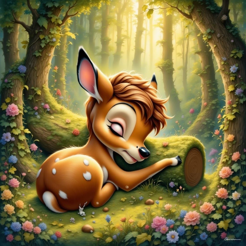 Baby Bambi Asleep in Cozy Forest, Watercolor Style