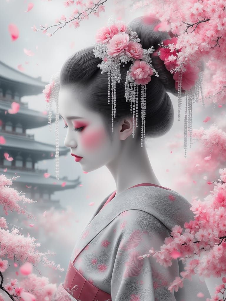 Serene Geisha with Cherry Blossoms, Traditional Japanese Sty...