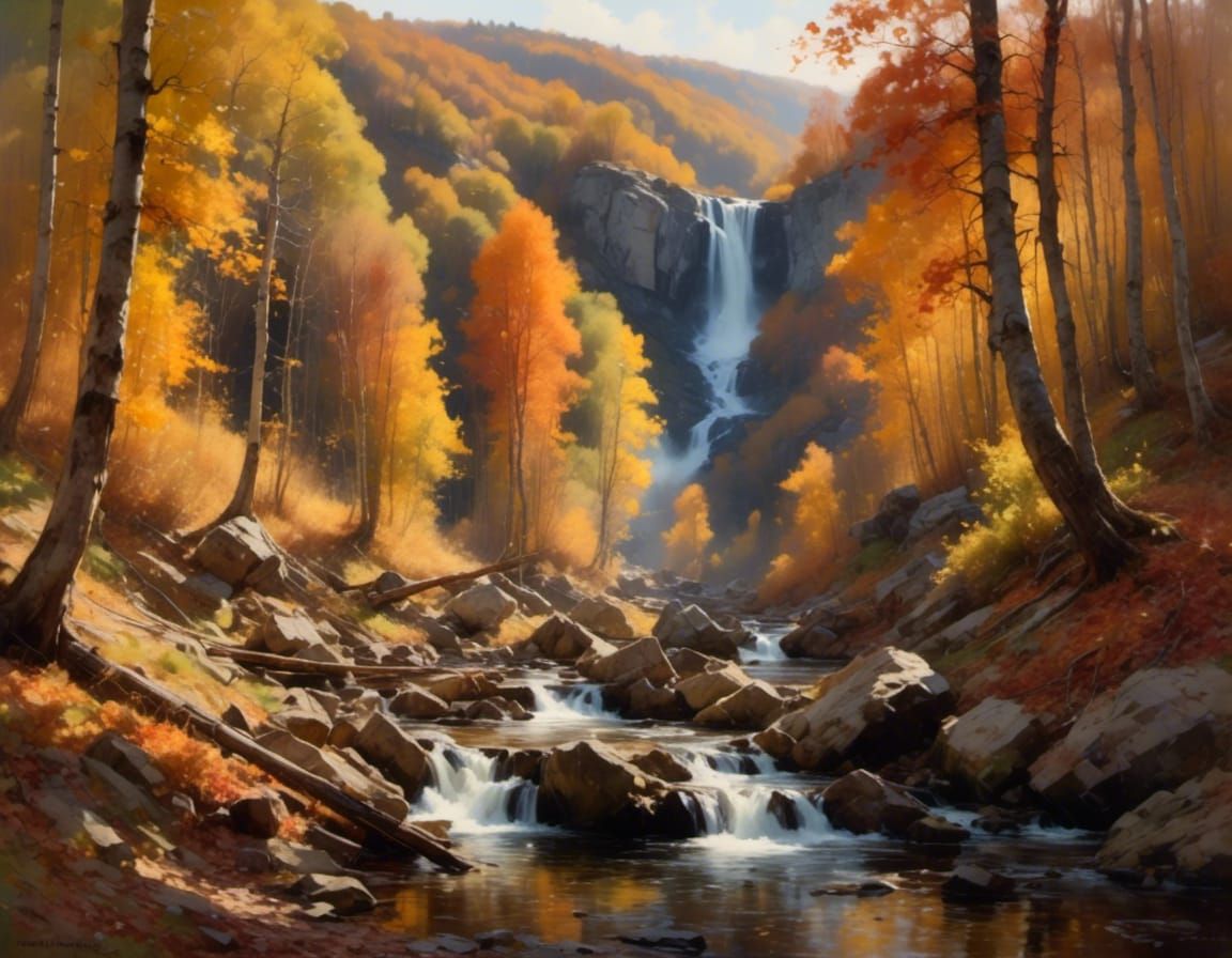 Autumn Forest Stream with Misty Sunlight and Waterfall