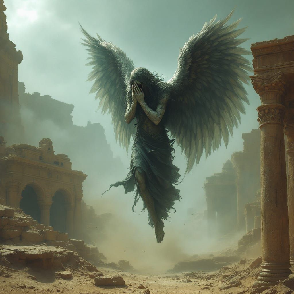 Fallen Angel Over Ancient Ruins in Smog