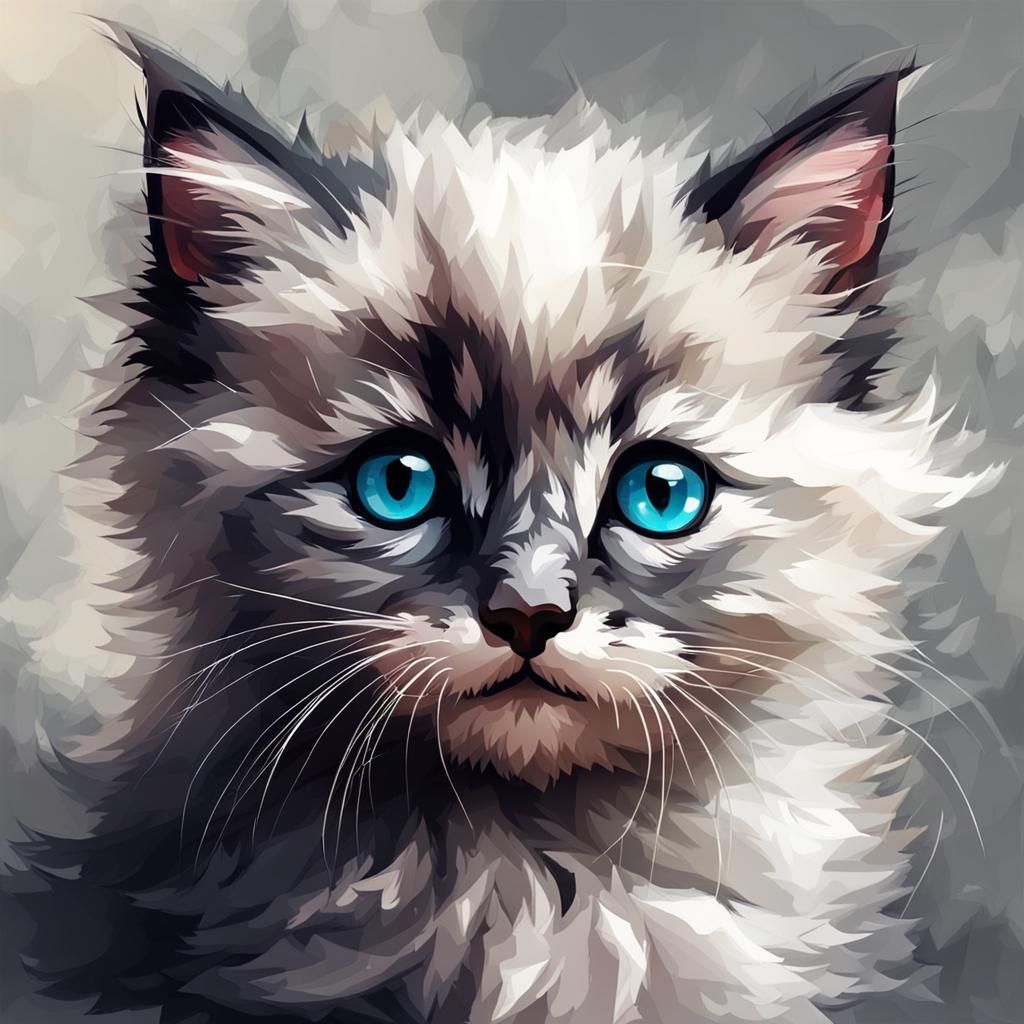 Whimsical Playful Kitten Portrait in Impasto Style
