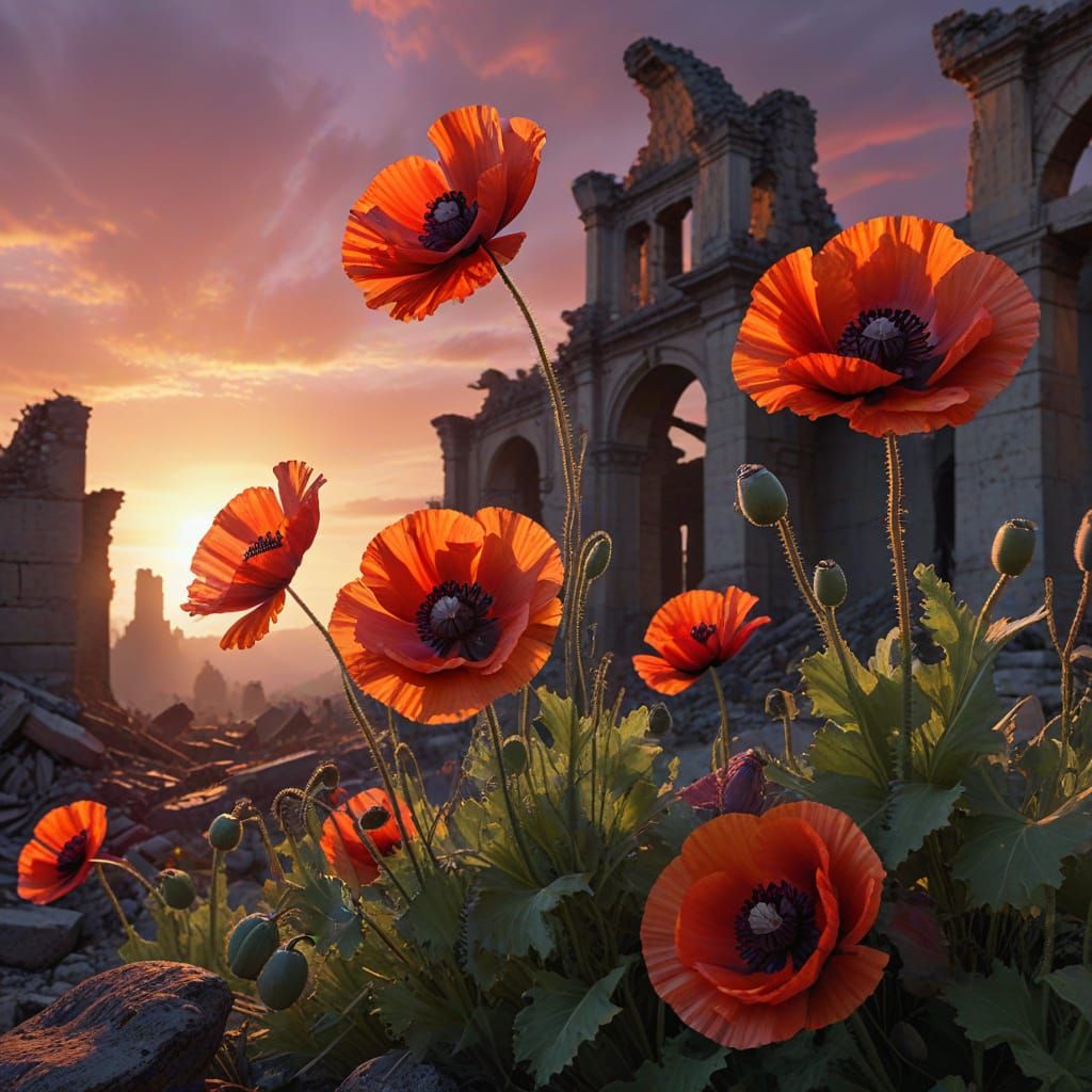 Vibrant Poppies in Ruins at Sunset