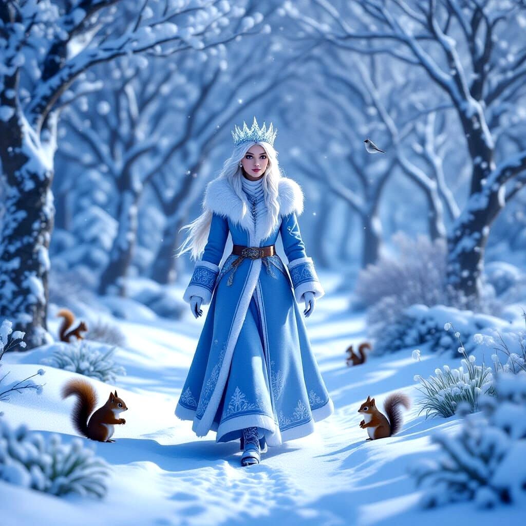 Snow Maiden in Snowy Forest: 3D Render