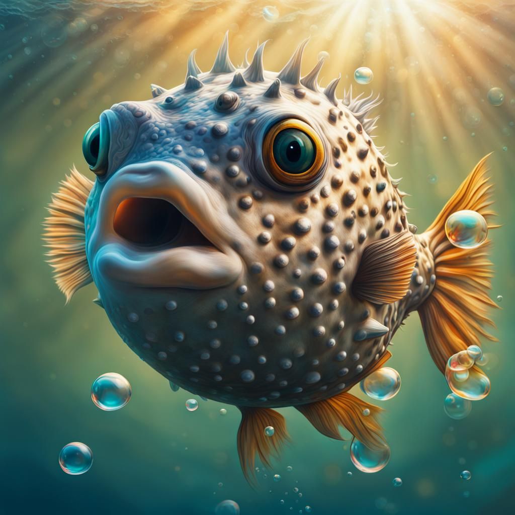 Hyperrealistic Pufferfish Blowing Bubbles in Ocean