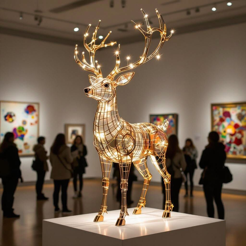 Majestic Gold Wire Stag Sculpture in Museum Exhibit