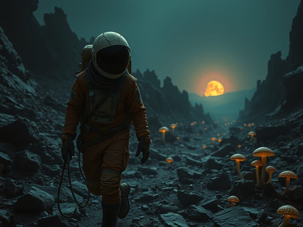 Tumbling Space Explorer in a Dark, Futuristic Landscape