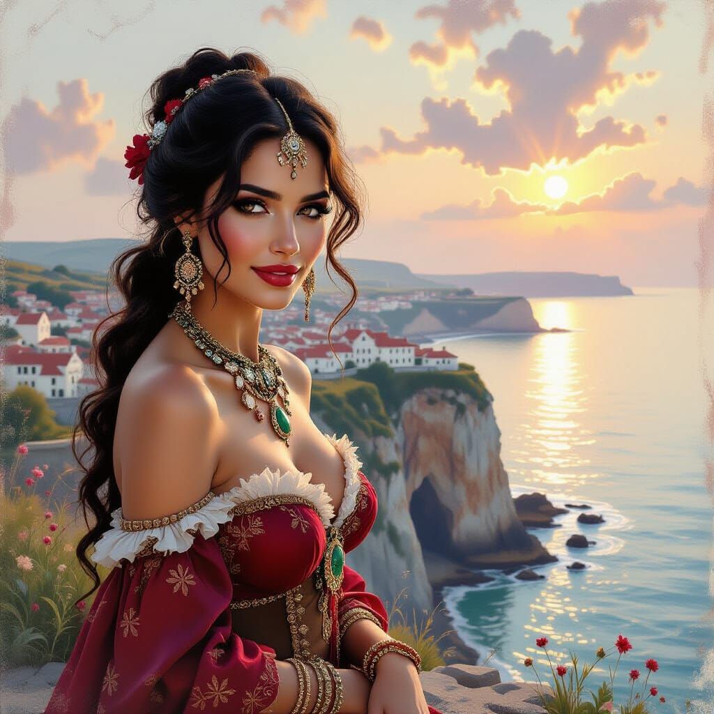 Gypsy Woman on Cliffs Overlooking Seaside Town