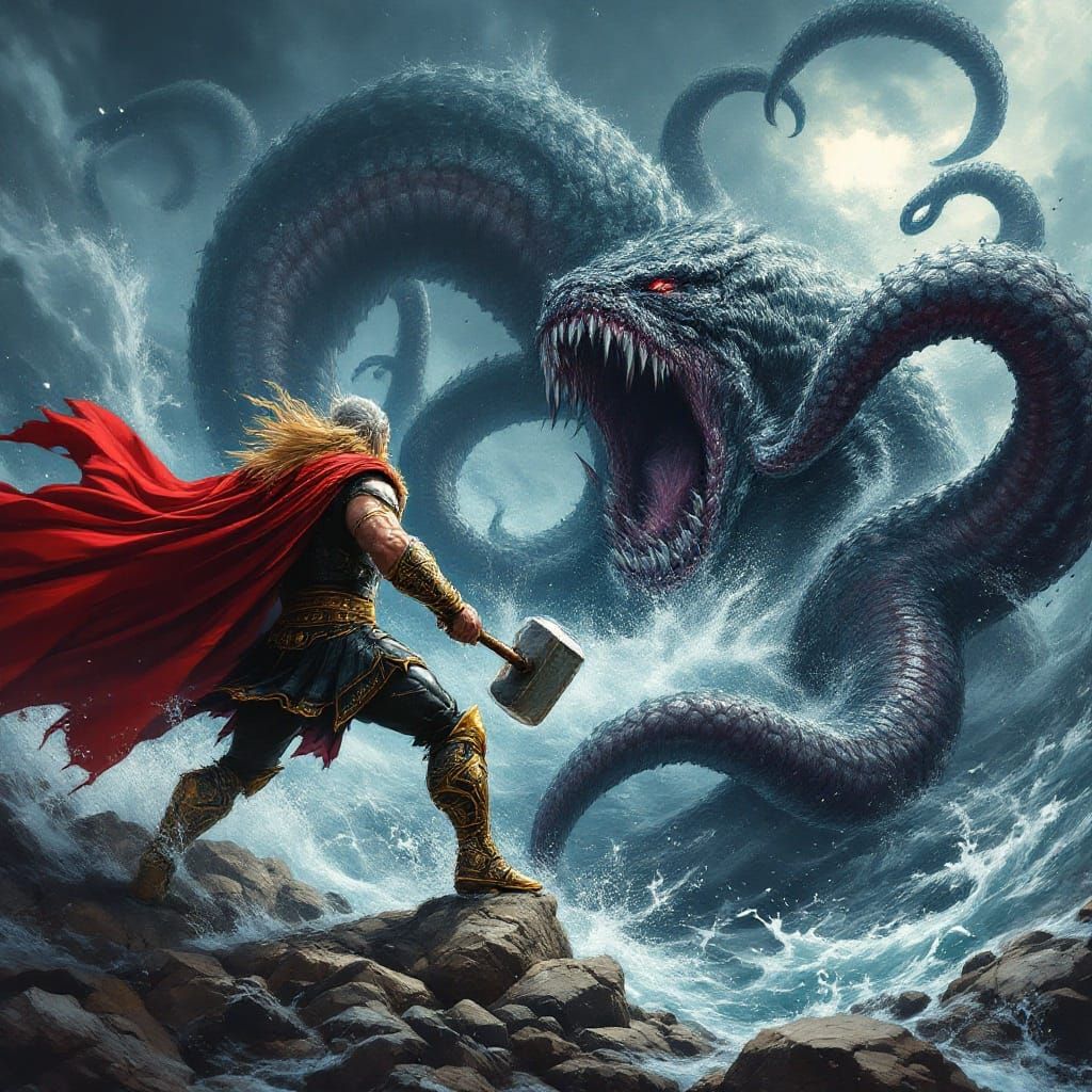 Thor Battles the Kraken in Epic Fantasy Art