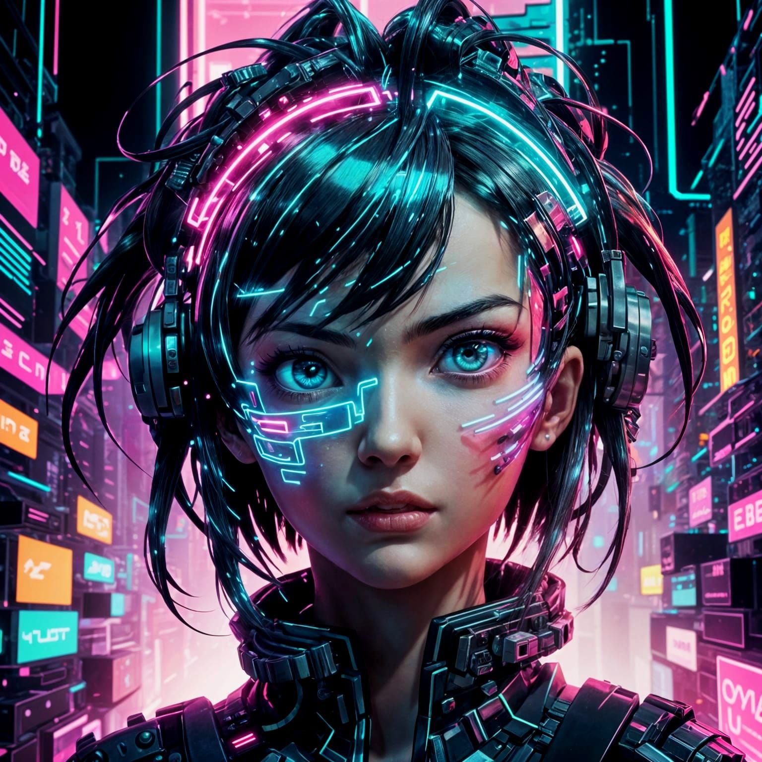 Anime Woman Glitching in Cyberpunk Neon Cityscape