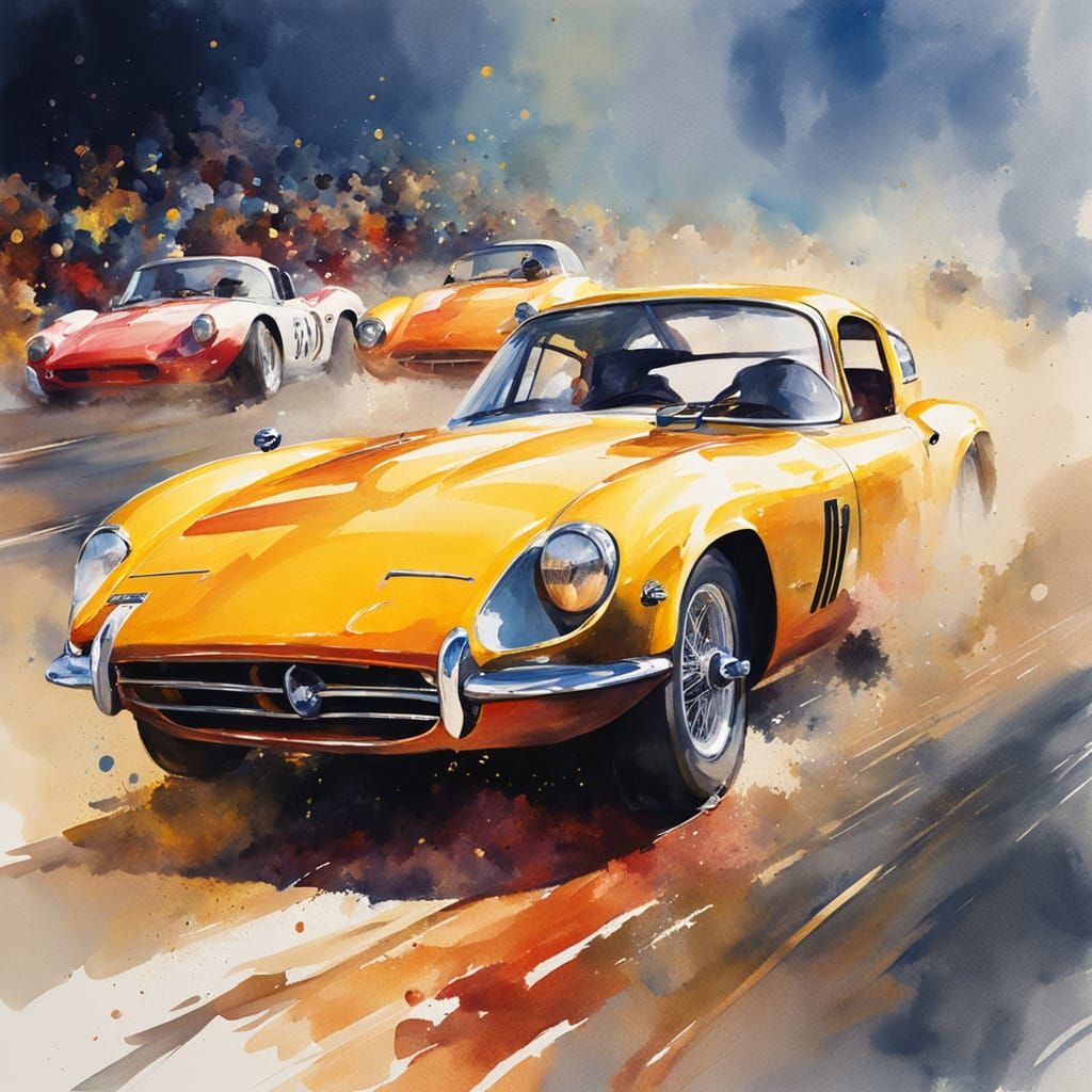 Classic Sportscars Racing: Watercolor Impressionism