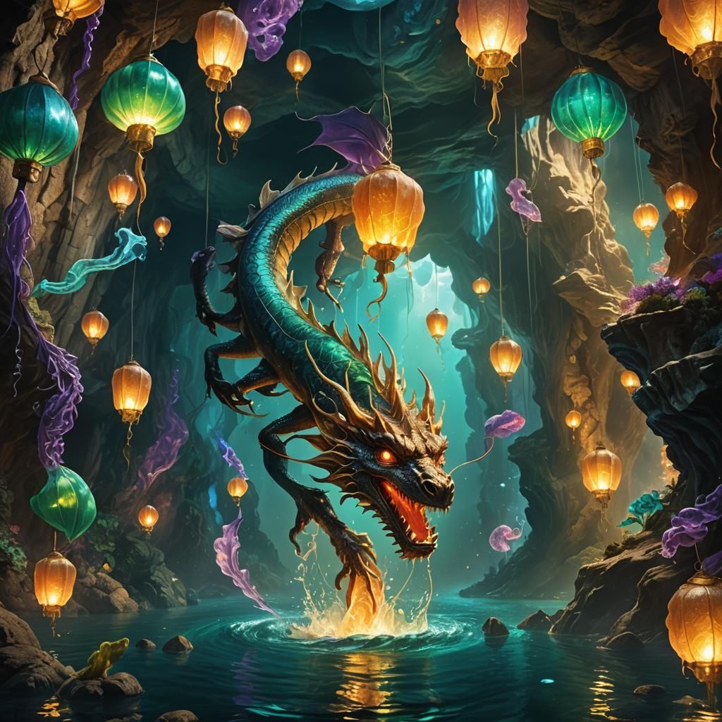 Dragon in Mystical Underwater Cave: Fantasy Concept Art