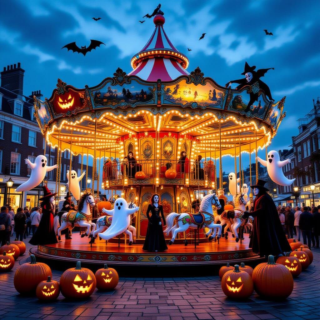 Whimsical Halloween Carousel in Hyperrealistic Detail