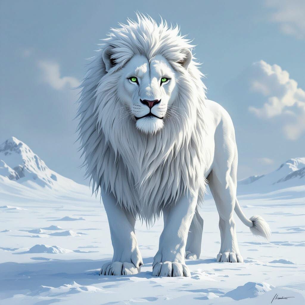 Majestic White Lion on Snowy Landscape