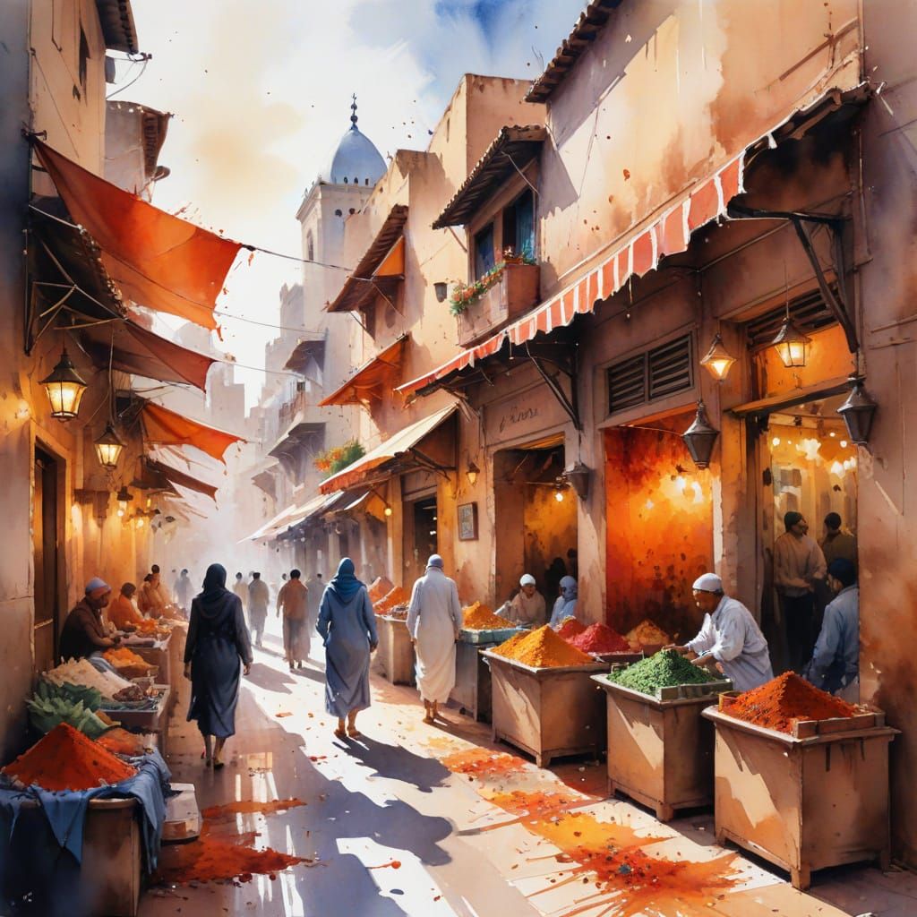Moroccan Spice Market in Expressive Watercolor Style