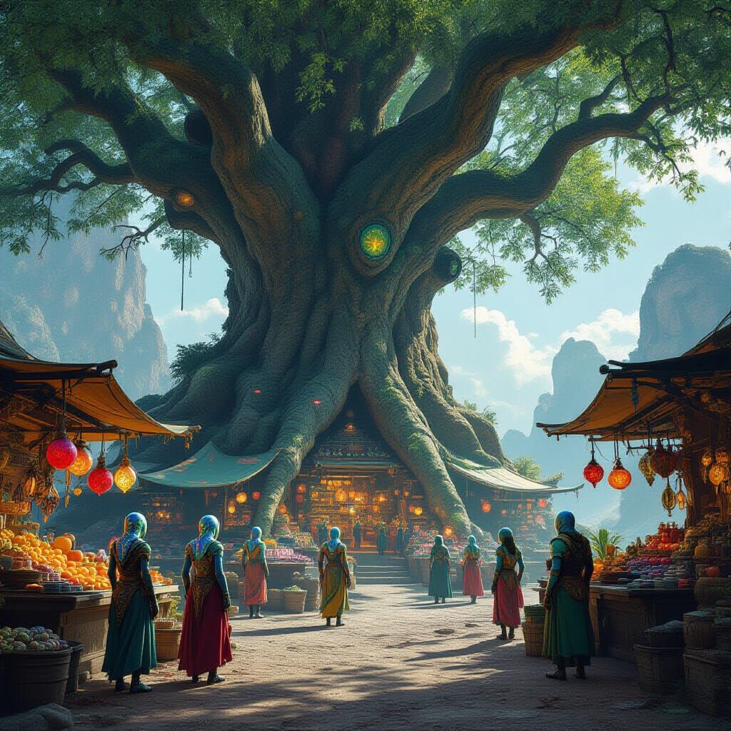 Bustling Alien Marketplace in Ancient Tree, Matte Painting
