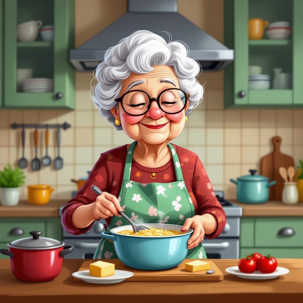 Grandmother Cooking in Kitchen Caricature
