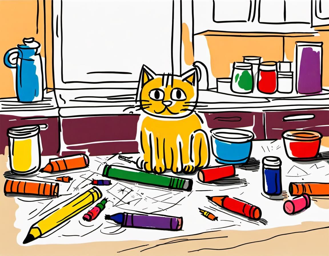 Child Art: Cat, Broken Vase, and Crayons