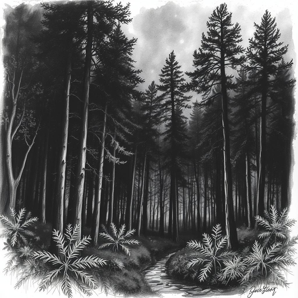 Hyperdetailed Charcoal Forest Alive at Night