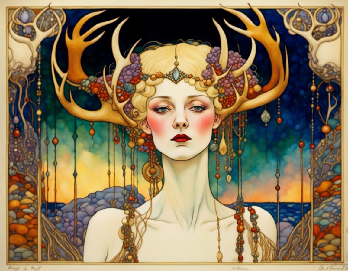 Art Nouveau Woman with Stag Antlers at Sunset