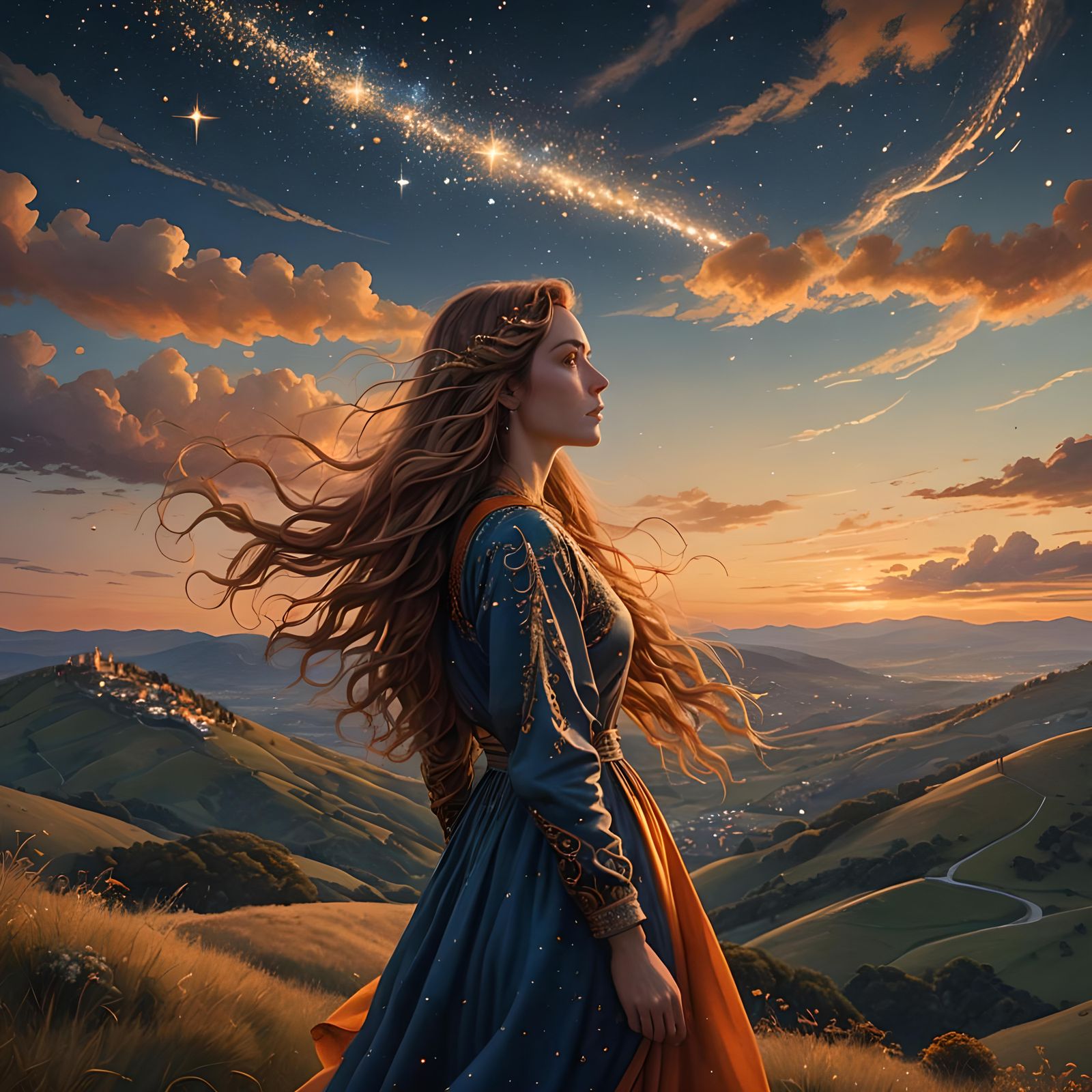 Woman Admiring Universe at Dusk: Fantasy Concept Art