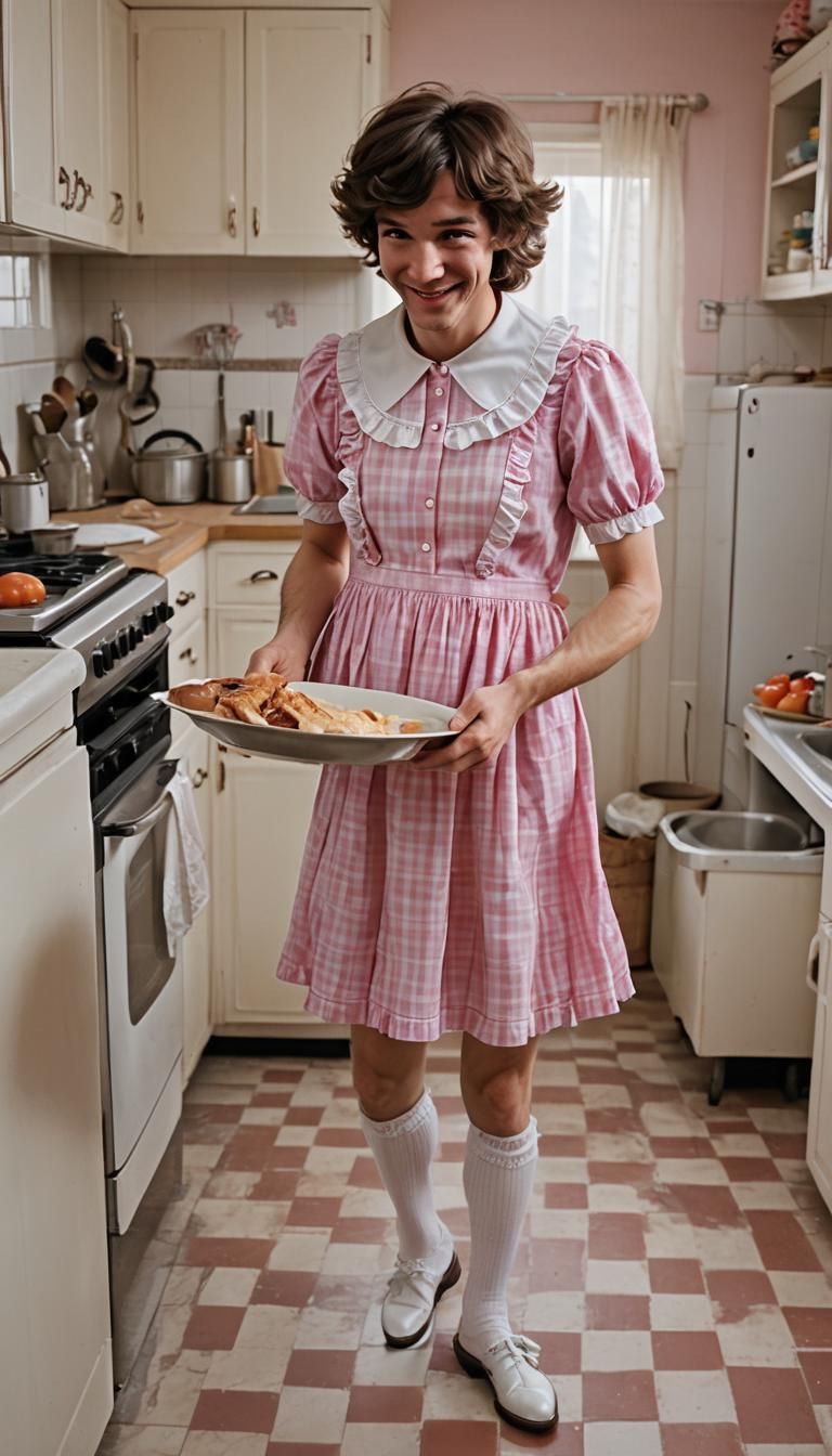 Masculine Man in Frilly Babydoll Dress in Kitchen