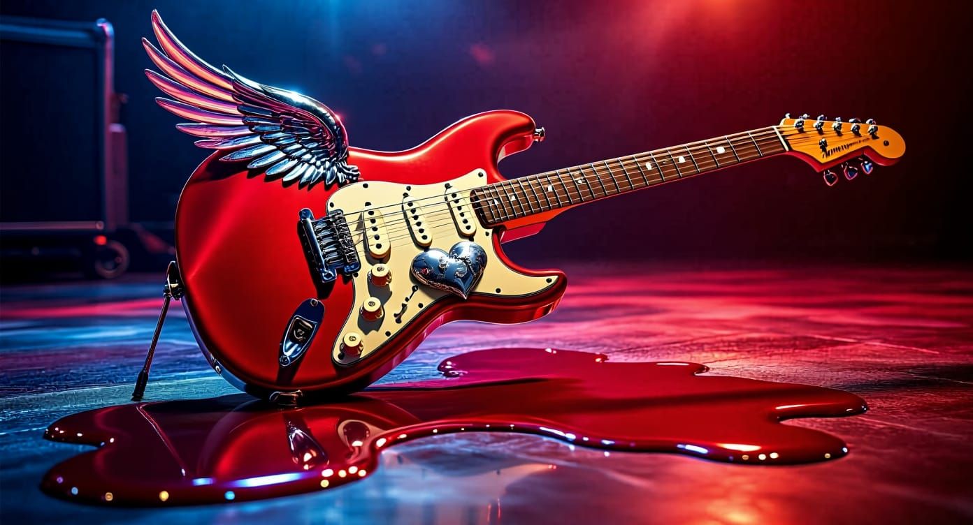 Surreal Chrome Heart Guitar with Angel Wings on Stage