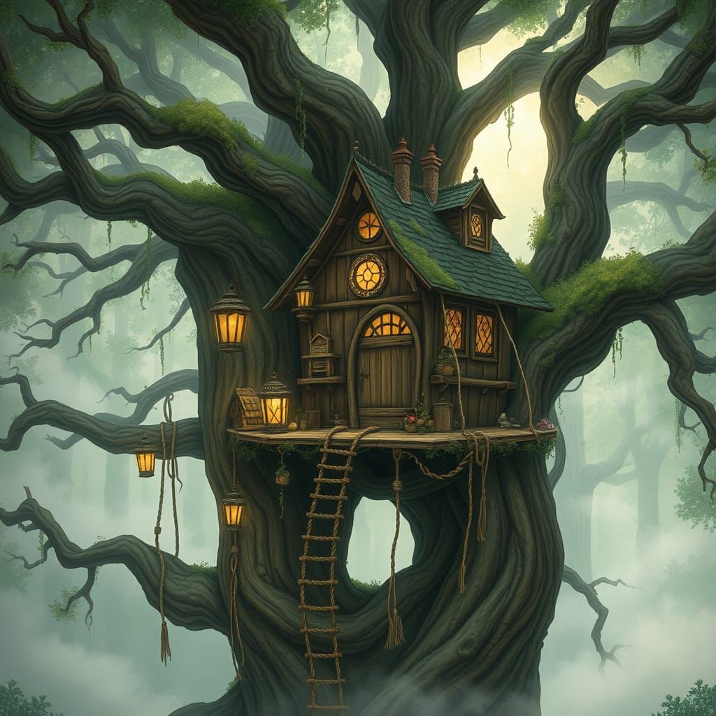 Enchanted Oak Treehouse Whispers Secrets in the Mist