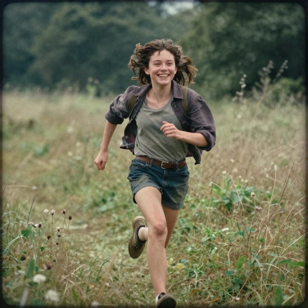 Girl Running Joyfully Through Field in Watercolor Style