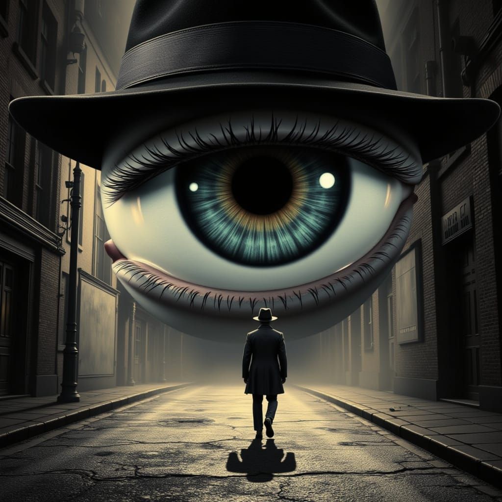 Film Noir Eye Detective in Fedora Hat with Glowing Iris