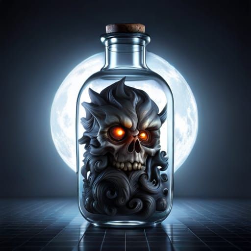 Shadow Elemental Trapped in Glass Bottle: Digital Art